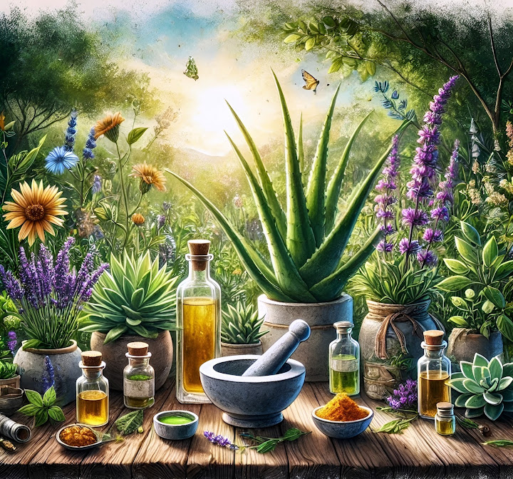 Image Dall-E. Elle met en scène des plantes comme l’aloe vera, la lavande et le curcuma, ainsi que des objets traditionnels tels qu’un mortier, des huiles essentielles et des tisanes, dans un cadre extérieur apaisant.