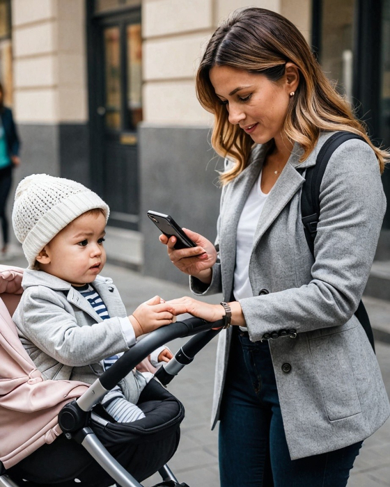 La jeune femme s'est arrêtée, mais j'en ai souvent vu qui marchent en regardant leur smartphone. Le regard et la main de l'enfant, très éloquents, sont en en revanche très bien rendus par l'I.A Photoleap