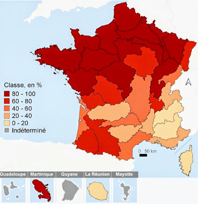 Taux de stations dont l’IPTC-pesticides dépasse 1 sur la période 2019-2021. À noter que la Guadeloupe est encore plus mal lotie que nous. Source : SDES 2023. Données 2021 (!)