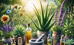 Image Dall-E. Elle met en scène des plantes comme l’aloe vera, la lavande et le curcuma, ainsi que des objets traditionnels tels qu’un mortier, des huiles essentielles et des tisanes, dans un cadre extérieur apaisant. 