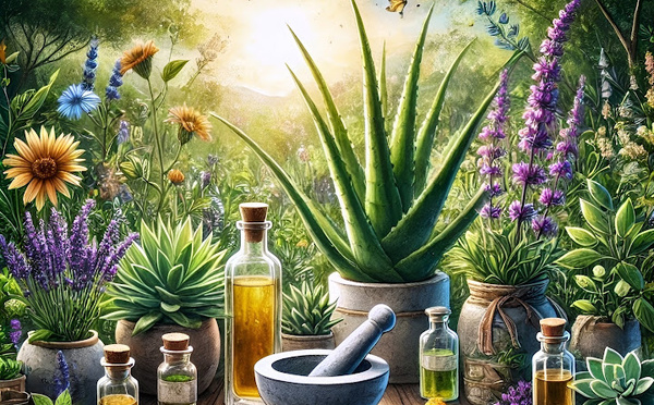 Image Dall-E. Elle met en scène des plantes comme l’aloe vera, la lavande et le curcuma, ainsi que des objets traditionnels tels qu’un mortier, des huiles essentielles et des tisanes, dans un cadre extérieur apaisant. 